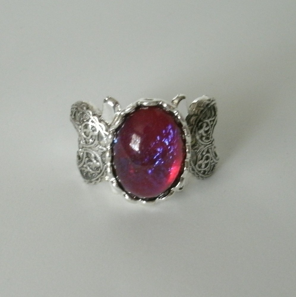 Dragons Breath Fire Opal Triple Moon Ring Silver Plated Adjustable Band Wiccan