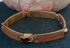 1920’S Brass Ruby Red Glass Stones & Leather Inserts Panel Bracelet 7″ M1