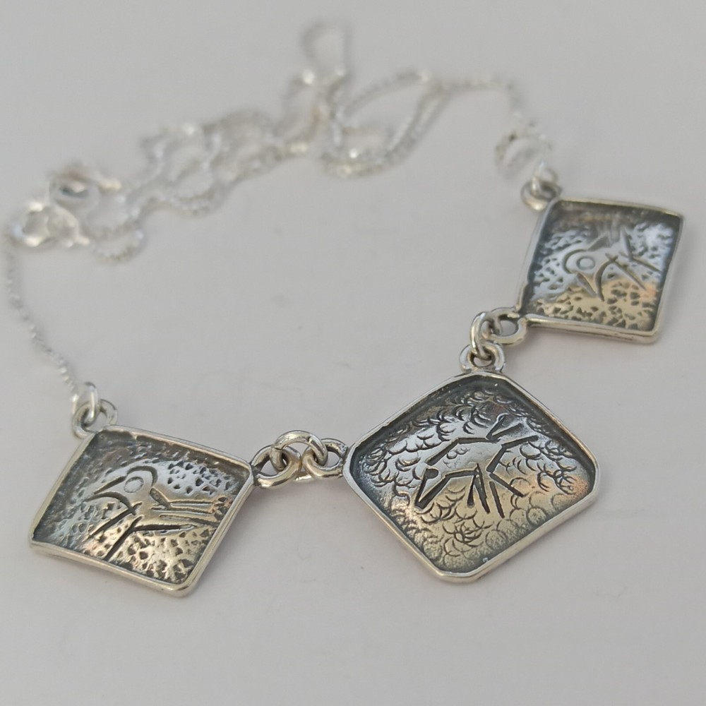 Artisan Bib Necklace Geometric Birds Drawing Bohemian Silver 925 Dainty Gift Box