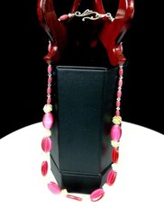 HAND MADE 20MM FLAT PINK CAT EYES & 9MM BARREL BEADS 20″ FISHHOOK CLASP NECKLACE