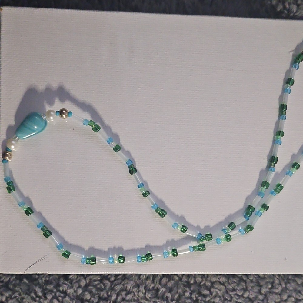 Beaded Necklace Blue Green White Glass Teardrop Pendant Lobster Clasp
