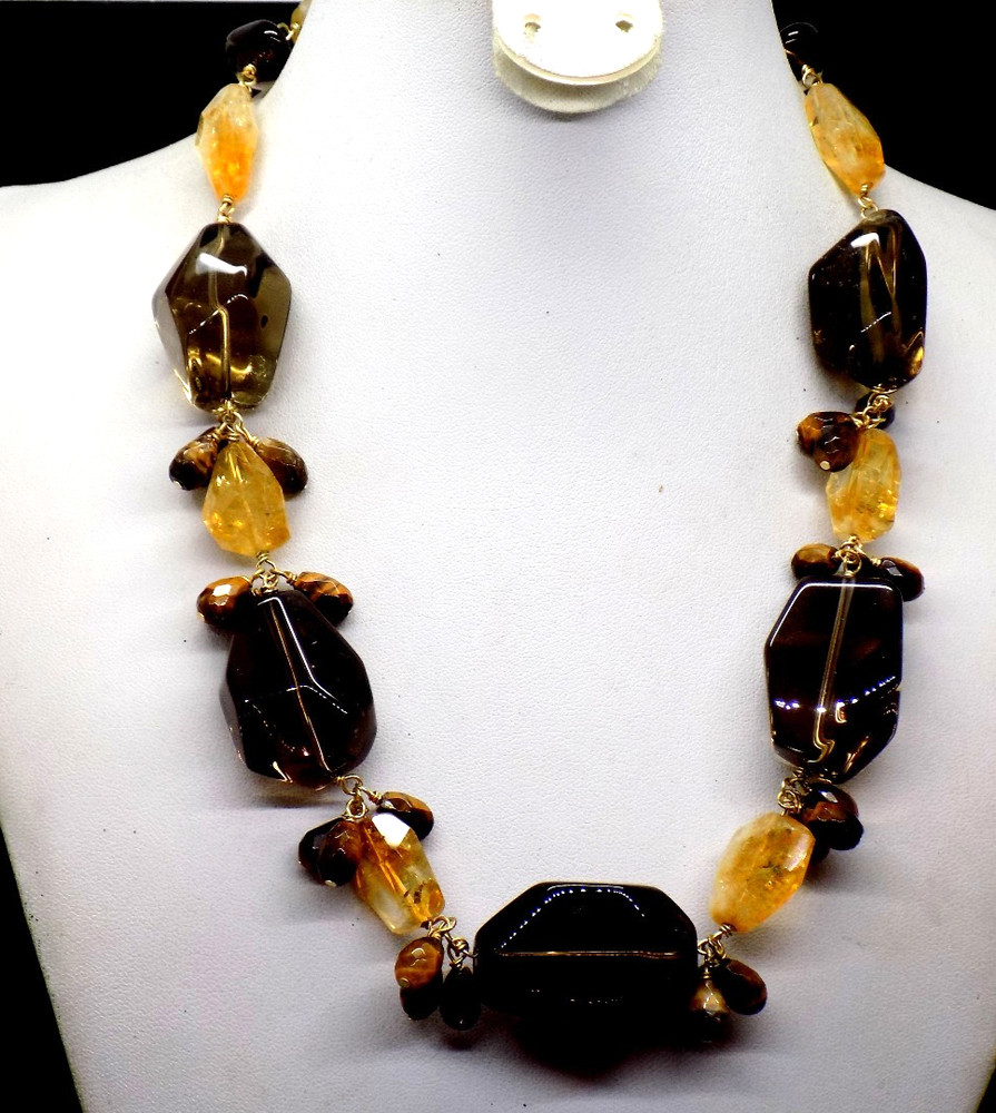 Deb GUYOT Citrine Quartz Smokey Topaz? Nugget Pearl Chunky Strand Necklace