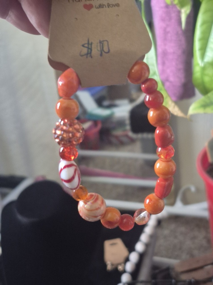 Handcrafted Beaded Orange Red White Stretch Bracelet Round Beads Unisex Adults