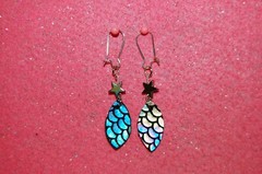 Mermaid Print Petal Leather Earrings–Star Bead–Sterling Silver Plated Hooks