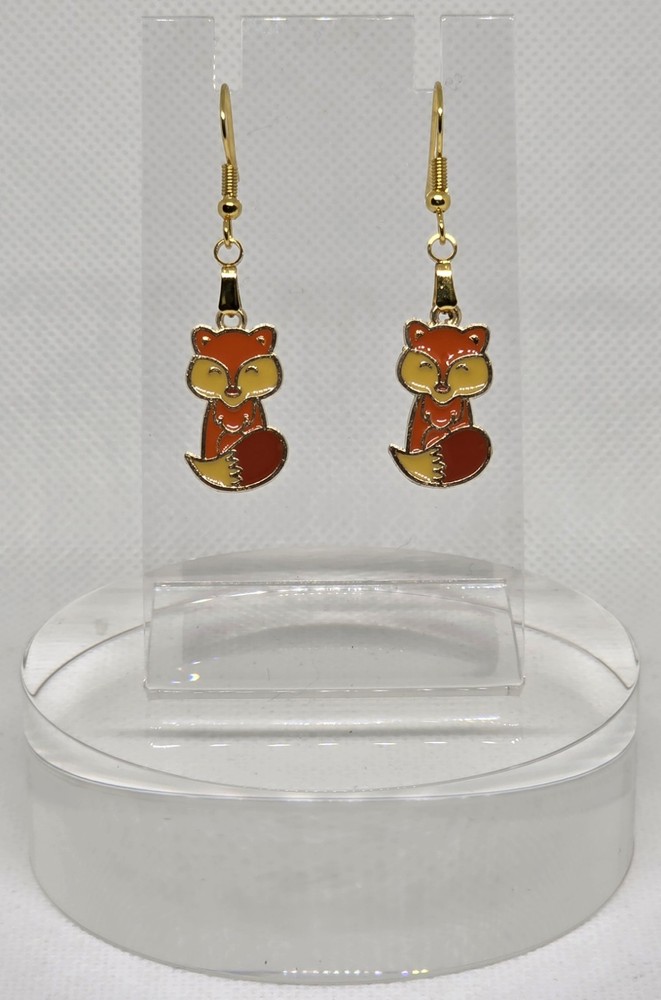 Dangling Cute Orange & Yellow Enameled Fox French Hook Fashion Earrings