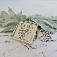 Vtg Y2K Handmade Soldered Glass Charm Necklace Letter V Music Notes Shabby Chic