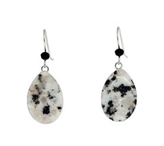 Kiwi Sesame Jasper Water Drop Teardrop Gemstone Silver Boho Earrings