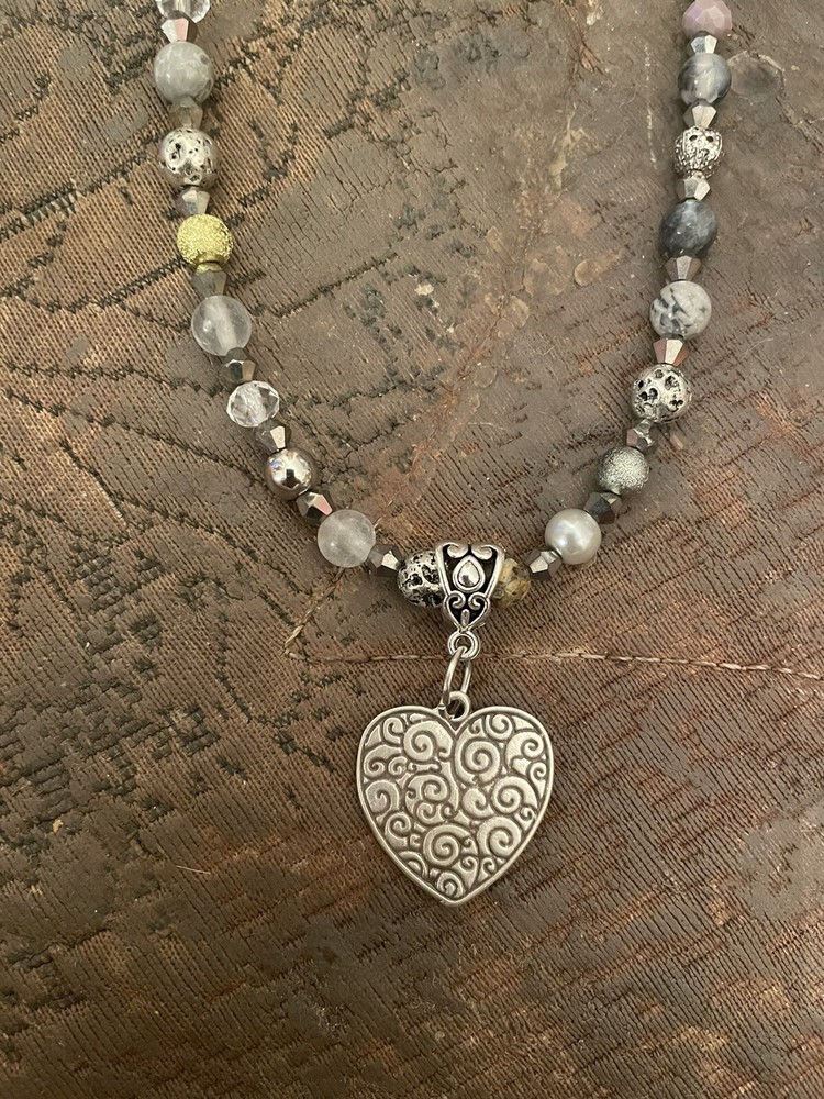 Retro Antique Silver Moroccan Heart Pendant Jasper Crystal Agate Bead Necklace