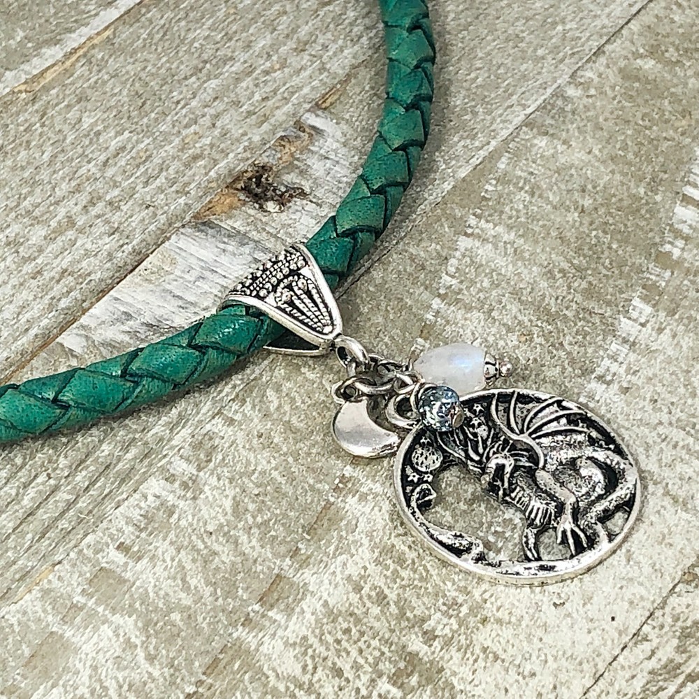 Emerald Green 6mm Bolo Chord w Silver Pewter Chinese Dragon, Rainbow Moonstone