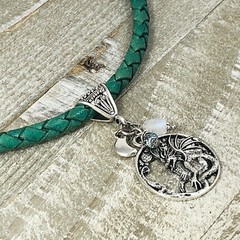 Emerald Green 6mm Bolo Chord w Silver Pewter Chinese Dragon, Rainbow Moonstone