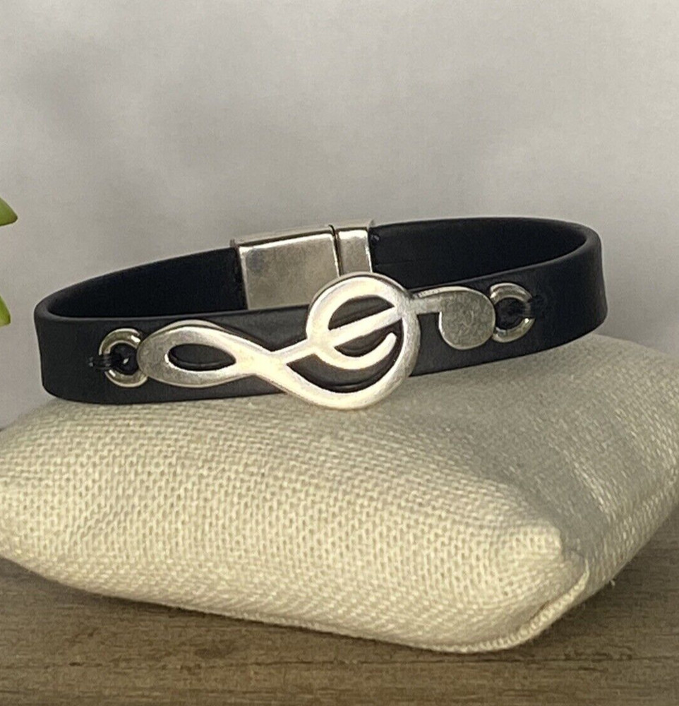 Music Lovers Black Leather Bracelet Silver Music Note Clef Bracelets