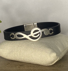 Music Lovers Black Leather Bracelet Silver Music Note Clef Bracelets