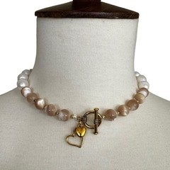 Handmade Gold Beige White Glass Bead Freshwater Pearl Choker Necklace Toggle