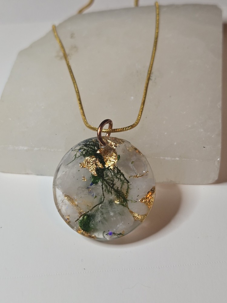 Rose Quartz & Green Moss Resin Pendant Necklace 18K Gold Plated Snake Chain 20in
