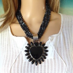 Extra Large Oversized Dan Dodson Onyx Heart Pendant on Multi Strand Necklace