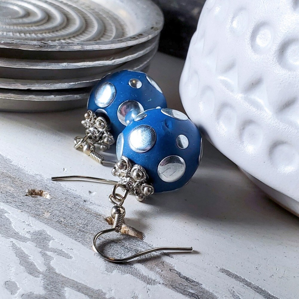Cobalt Blue Tribal Ethnic Kashmiri Lac Silver Brass Dotted East India Earrings