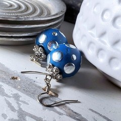 Cobalt Blue Tribal Ethnic Kashmiri Lac Silver Brass Dotted East India Earrings