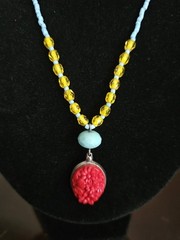 David Aubrey Necklace Carved Cinnabar & Turquoise Seed Bead 15″