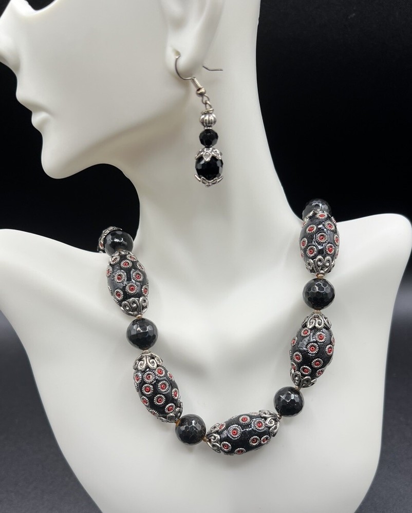 Artisan Made Black/Red/Silver Bead Necklace, Earrings Set