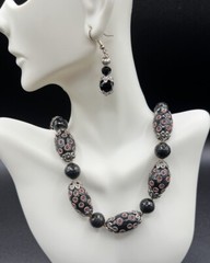 Artisan Made Black/Red/Silver Bead Necklace, Earrings Set