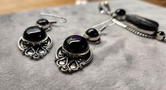 New Set Black Tourmaline Onyx Pendant Earrings Silver Modern Protection Core