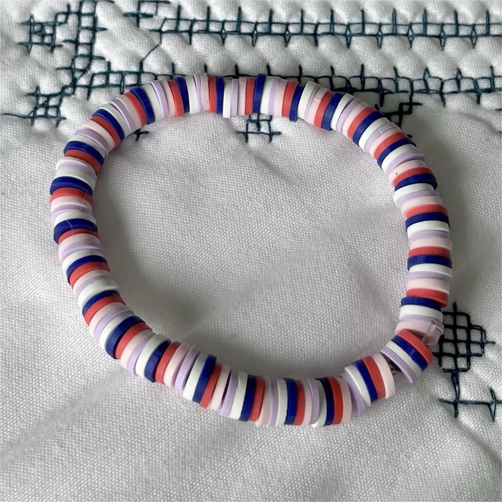 Red White Blue Beaded Stretch Bracelet Round Polymer Unisex Adults