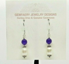 Sterling Silver CULTURED PEARL & AMETHYST Gemstone Earrings #5512…Handmade USA