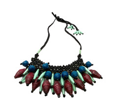 Noonday Collection Bib Statement Necklace Artisan Beaded Black Burgundy Fringe