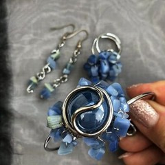 Hawaiian Jewelry Design Blue & Silver 3-piece Bracelet Cluster Ring Earring Set