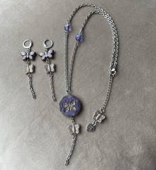 CZECH GLASS BEADS Purple Butterfly Pendant Beaded Chain Necklace Earrings Set