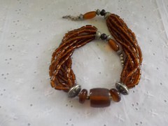 Brown Glass Tube & Resin Bead Necklace Silver Tone Metal Multi Strand