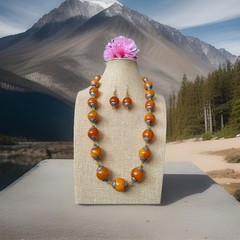 Vintage Amber resin beads with Tibetan Silver cap handmade necklace and earrings