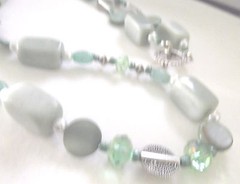 MINT GREEN SHADES IN STONES, MOP DISKS,Glass Pearls+Silvertone Beads&Toggle 33″
