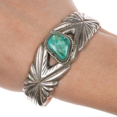 6.375″ Vintage Native American sterling cast cuff bracelet with turquoise
