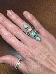 Artisan Silversmith Multi-stone Long Crawler Ring Opal Turquoise Tourmaline Sz 7