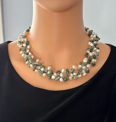Artisan-Made Collar Necklace .999 Fine Silver W/Jade Chips And Freshwater Pearls