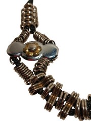 Handcrafted Metallic Wire Coil Necklace Flower Accents Black Braid Cord Vintage