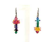 Vintage Artisan Lampwork Glass Dangle Earrings Colorful 1980s Sterling Silver