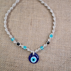 Natural Hemp Necklace w/ Evil Eye Charm & Beads, 18-23 inch Ready to Ship