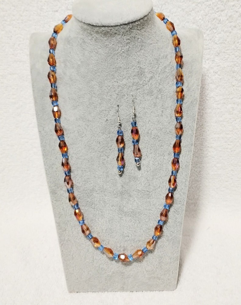 Handcrafted Jewelry 23″ Amber & Blue Facet Glass Teardrops Necklace Earring Set