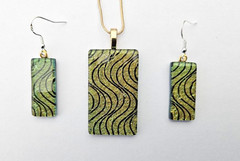 Handcrafted Fused Glass Gold/Black Dichroic Glass Pendant and Earring Set