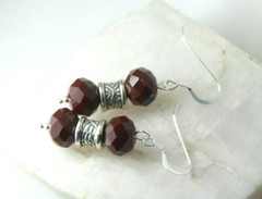 Quartz Dark Red Faceted 8mm x 10mm Roundel Earrings .925 Sterling Silver 1 5/8″