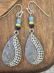 Etched Silver Teardrop Dangle with Blue, Green and Brown Earrings. Boho