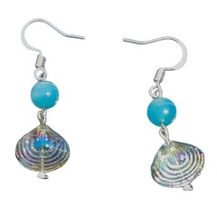 Czech glass pressed seashell beaded earrings catseye AB 925 silver plated wires