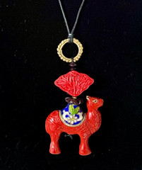 Cinnabar and Cloisonné Enamel Camel adjustable Cotton Knot Necklace