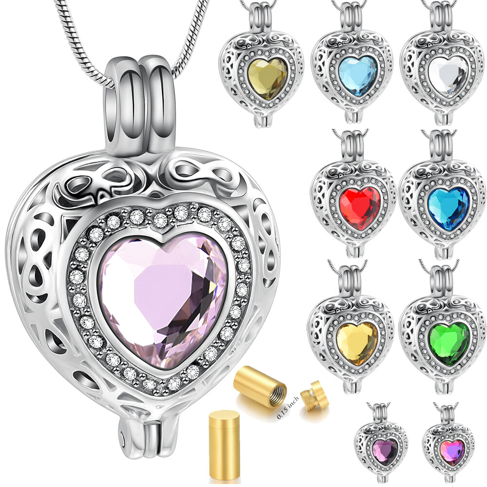 Birthstone Heart Urn Necklace for Ashes Crystal Cremation Jewelry W/vial Jewelry
