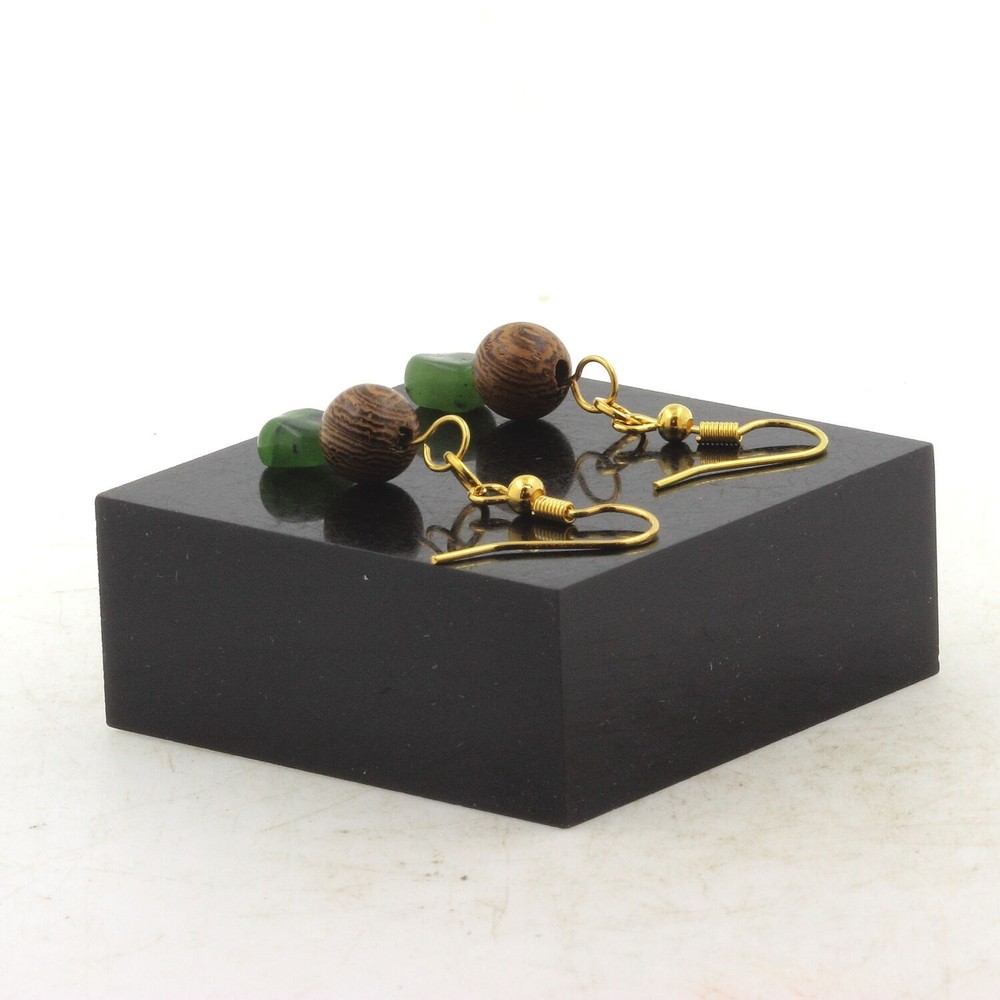 Earrings 2 Jade Nephrite Pearls From Siberia (Russia) + Wood 8 Made