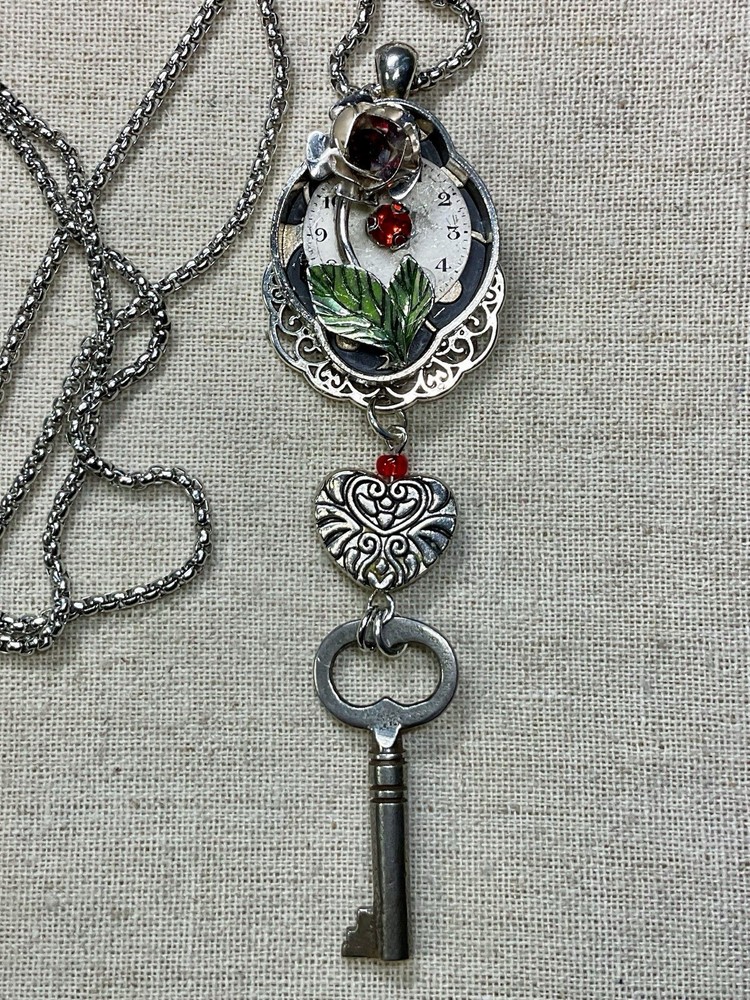 Steampunk Necklace- Vintage rose, Vintage Watch Face, Heart, Key, Silver Tone