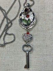 Steampunk Necklace- Vintage rose, Vintage Watch Face, Heart, Key, Silver Tone