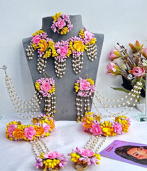 Artificial Yellow-Pink Haldi-Mehndi Floral fancy Jeweler Set For Women &Girl